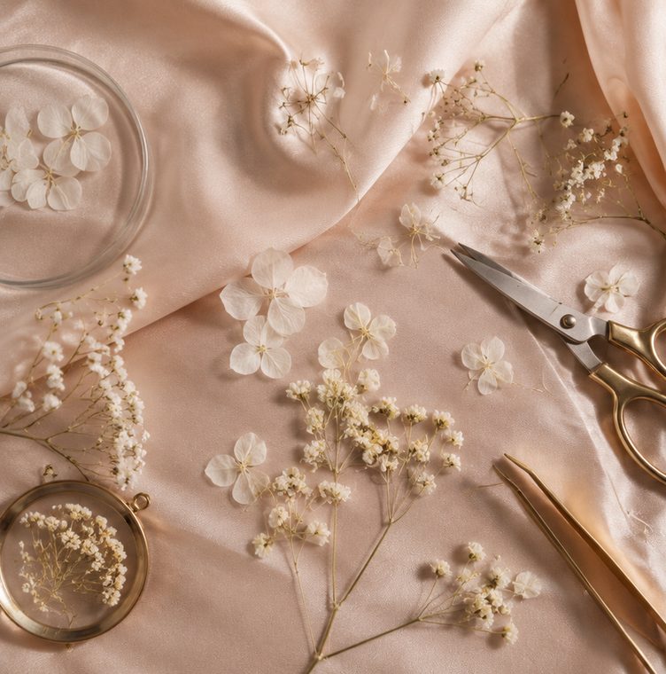 Pressed flowers and tools used to create Blesslet pieces